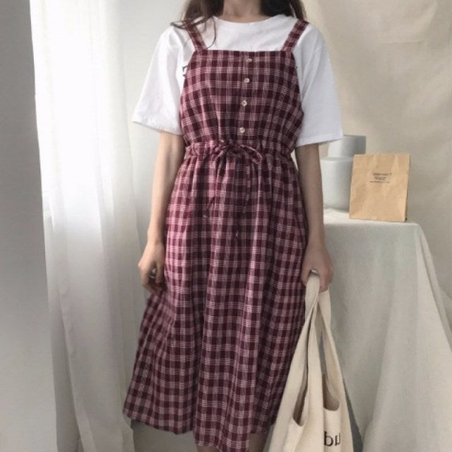 Summer Spaghetti Strap Plaid Dress High Waist Sleeveless Long Women Dress Casual Loose Kawaii Dresses Lolita Sundress