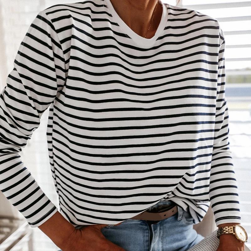 Women Fashion Black And White Striped Blouse Shirt Casual Long Sleeve O-neck Soft Korean Shirt Ladies Women T-Shirt Autumn 2021