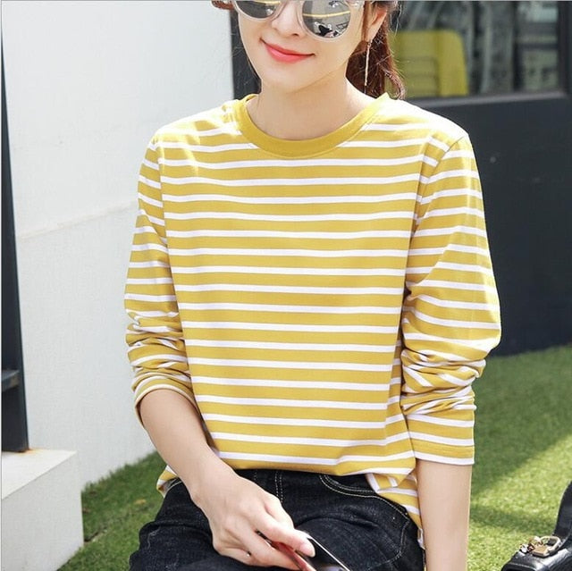 Women Fashion Black And White Striped Blouse Shirt Casual Long Sleeve O-neck Soft Korean Shirt Ladies Women T-Shirt Autumn 2021