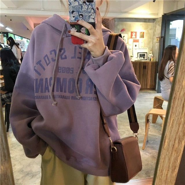 Autumn Women Oversized Hoodies Harajuku Letter Print Drawstring Sweatshirt Winter Fleece Warm BF Unisex Pullover Female Tops