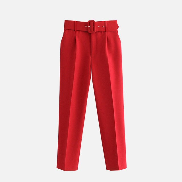 Women's Pants High Waist With Belt Classic Pockets Office Lady Ankle-length Trousers Female 2021 Spring Fashion Pink Harem Pants