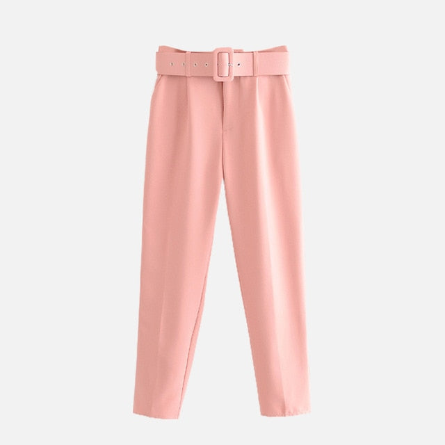 Women's Pants High Waist With Belt Classic Pockets Office Lady Ankle-length Trousers Female 2021 Spring Fashion Pink Harem Pants