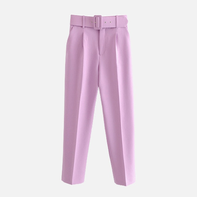 Women's Pants High Waist With Belt Classic Pockets Office Lady Ankle-length Trousers Female 2021 Spring Fashion Pink Harem Pants