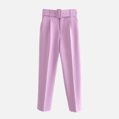 Women's Pants High Waist With Belt Classic Pockets Office Lady Ankle-length Trousers Female 2021 Spring Fashion Pink Harem Pants