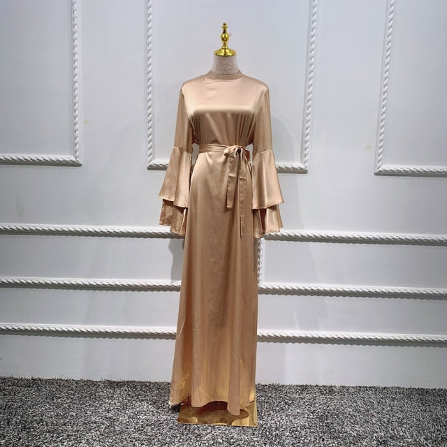 Ramadan Eid Mubarak Muslim Fashion Satin Dresses For Women Abaya Dubai Turkey Islam Hijab Dress Vestidos Robe Musulmane Longue