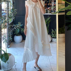 Korean Style Elegant White Dress Summer New 2021 Round Neck Fashion Ladies Solid Color Casual Irregular Women Clothing