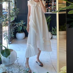 Korean Style Elegant White Dress Summer New 2021 Round Neck Fashion Ladies Solid Color Casual Irregular Women Clothing