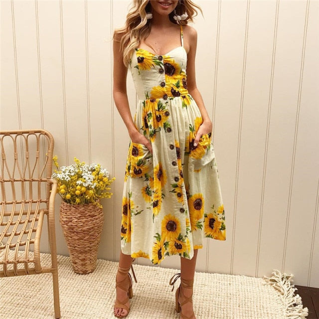 LIZAKOSHT  -  New Women Print Floral Stripe Long dress Sexy V-Neck Sleevele Button Beach Casual Boho Midi Dress Plus Size 3XL vestidos