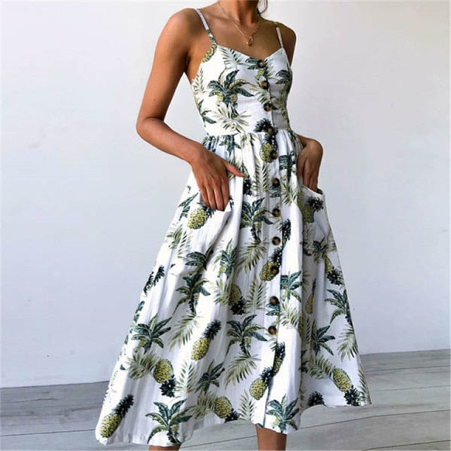 LIZAKOSHT  -  New Women Print Floral Stripe Long dress Sexy V-Neck Sleevele Button Beach Casual Boho Midi Dress Plus Size 3XL vestidos