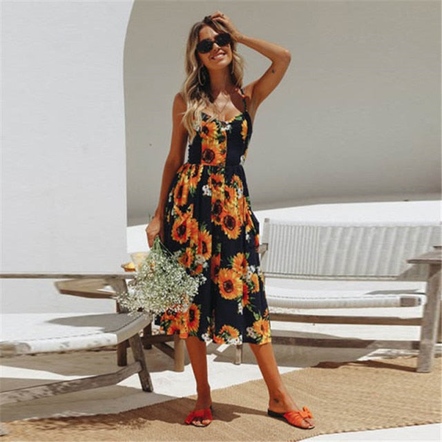 LIZAKOSHT  -  New Women Print Floral Stripe Long dress Sexy V-Neck Sleevele Button Beach Casual Boho Midi Dress Plus Size 3XL vestidos