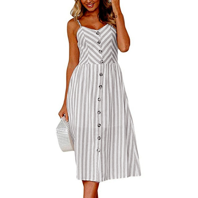 LIZAKOSHT  -  New Women Print Floral Stripe Long dress Sexy V-Neck Sleevele Button Beach Casual Boho Midi Dress Plus Size 3XL vestidos