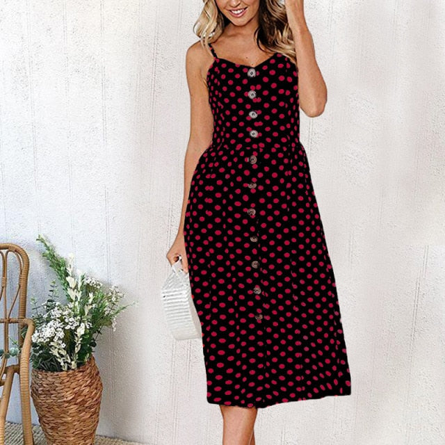 LIZAKOSHT  -  New Women Print Floral Stripe Long dress Sexy V-Neck Sleevele Button Beach Casual Boho Midi Dress Plus Size 3XL vestidos