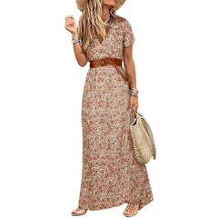 Womens Long Dress Summer V-neck Boho Belted Maxi Dress Casual Sexy Party Dress Ladies Bohemian Beach Holiday Sundress Vestido