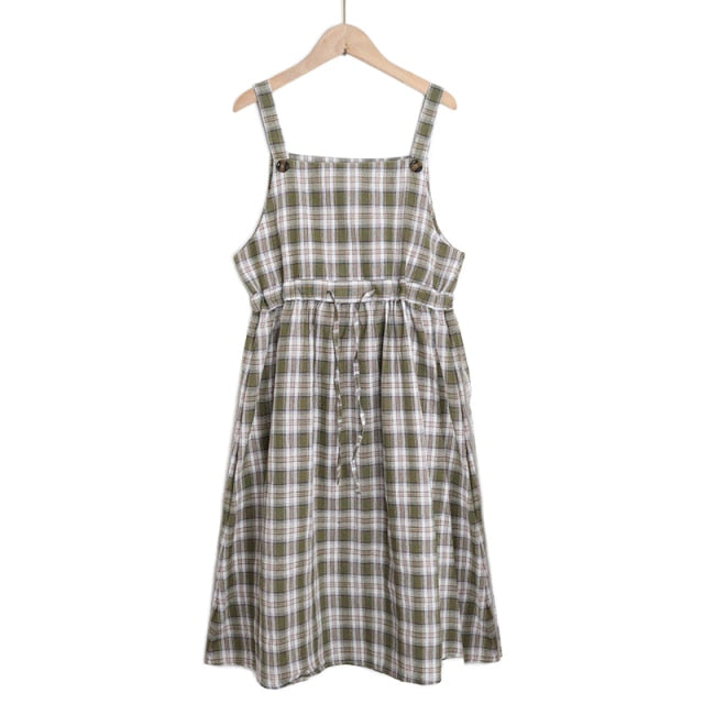 Summer Spaghetti Strap Plaid Dress High Waist Sleeveless Long Women Dress Casual Loose Kawaii Dresses Lolita Sundress