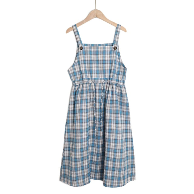 Summer Spaghetti Strap Plaid Dress High Waist Sleeveless Long Women Dress Casual Loose Kawaii Dresses Lolita Sundress