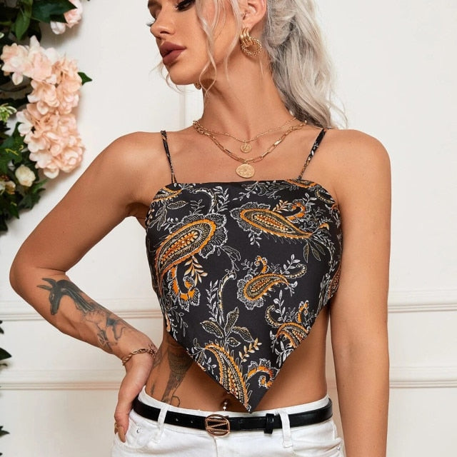 LIZAKOSHT  -  Womens Y2k Satin Corset Sexy Crop Tops Print Sexy Backless Camisole Bandana Tank Tops Summer Lady Sling Strap Club Vest