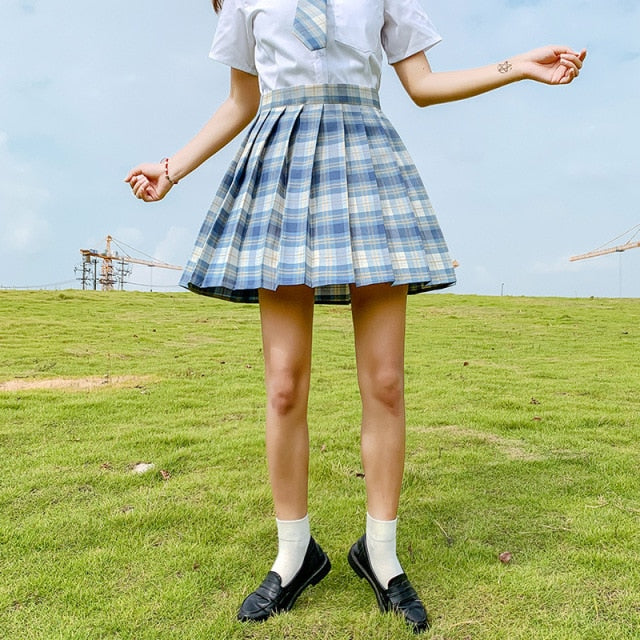 QRWR New Summer Women Skirts 2021 High Waist Girl's Pleated Skirt Korean Japanese Style Ladies Sweet Plaid Mini Skirts for Women