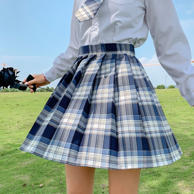 QRWR New Summer Women Skirts 2021 High Waist Girl's Pleated Skirt Korean Japanese Style Ladies Sweet Plaid Mini Skirts for Women