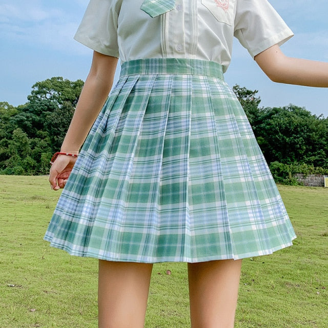 QRWR New Summer Women Skirts 2021 High Waist Girl's Pleated Skirt Korean Japanese Style Ladies Sweet Plaid Mini Skirts for Women