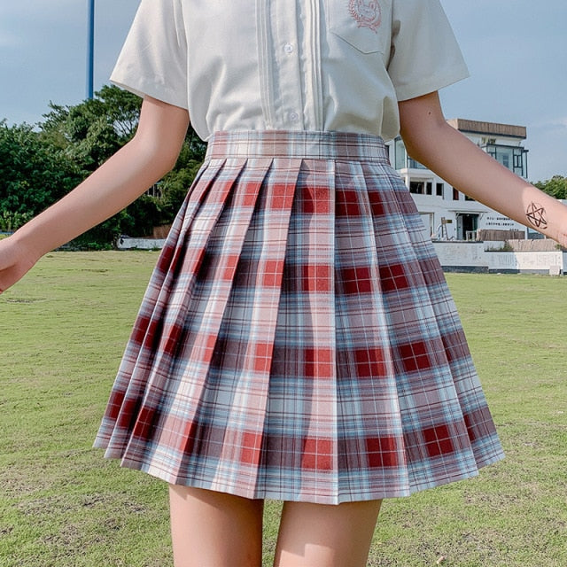 QRWR New Summer Women Skirts 2021 High Waist Girl's Pleated Skirt Korean Japanese Style Ladies Sweet Plaid Mini Skirts for Women