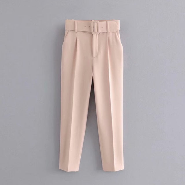 Women's Pants High Waist With Belt Classic Pockets Office Lady Ankle-length Trousers Female 2021 Spring Fashion Pink Harem Pants