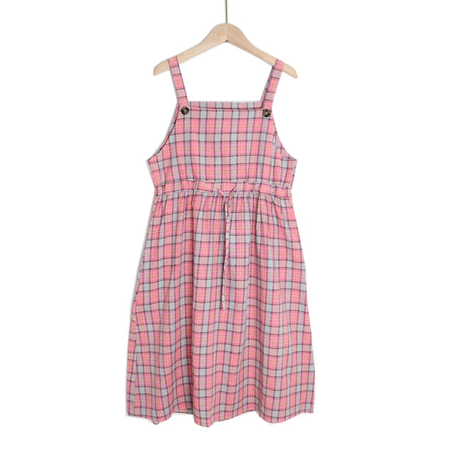 Summer Spaghetti Strap Plaid Dress High Waist Sleeveless Long Women Dress Casual Loose Kawaii Dresses Lolita Sundress