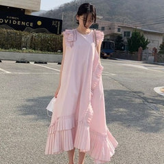 Korean Style Elegant White Dress Summer New 2021 Round Neck Fashion Ladies Solid Color Casual Irregular Women Clothing