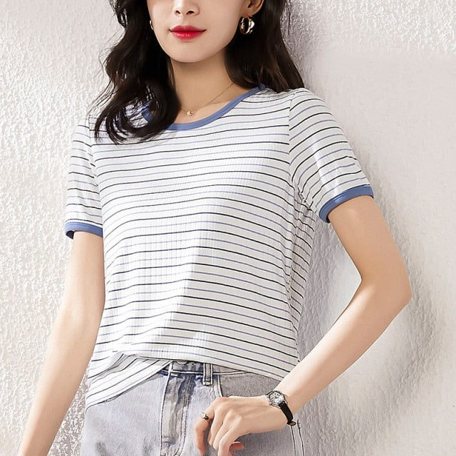 Women Fashion Black And White Striped Blouse Shirt Casual Long Sleeve O-neck Soft Korean Shirt Ladies Women T-Shirt Autumn 2021