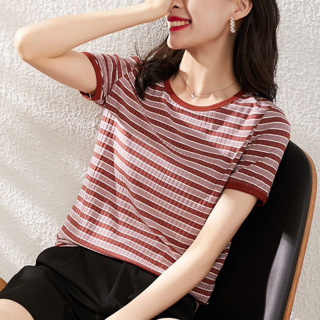 Women Fashion Black And White Striped Blouse Shirt Casual Long Sleeve O-neck Soft Korean Shirt Ladies Women T-Shirt Autumn 2021