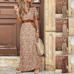 Womens Long Dress Summer V-neck Boho Belted Maxi Dress Casual Sexy Party Dress Ladies Bohemian Beach Holiday Sundress Vestido