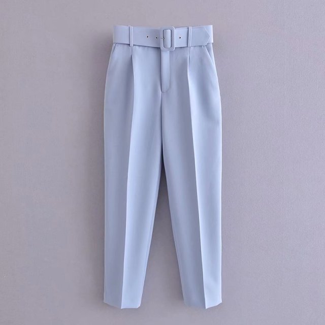 Women's Pants High Waist With Belt Classic Pockets Office Lady Ankle-length Trousers Female 2021 Spring Fashion Pink Harem Pants