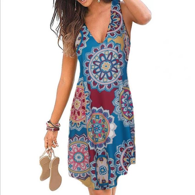 Beach Boho Print Dress 2021 New Sexy V-neck Sleeveless Loose A-Line Dress Plus Size 4XL 5XL Summer Women Casual Dresses Vestidos