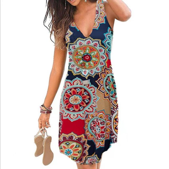 Beach Boho Print Dress 2021 New Sexy V-neck Sleeveless Loose A-Line Dress Plus Size 4XL 5XL Summer Women Casual Dresses Vestidos