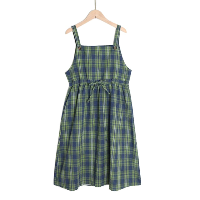 Summer Spaghetti Strap Plaid Dress High Waist Sleeveless Long Women Dress Casual Loose Kawaii Dresses Lolita Sundress