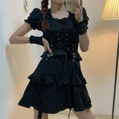 Lizakosht Women's Gothic Lolita Dress Goth Punk Gothic Harajuku Mall Goth Style Bandage Black Dress Emo Clothes Dress Spring