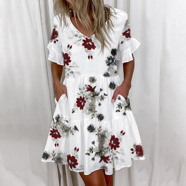 Casual Ruffles Loose V-Neck Dress Women Summer Short Sleeve Floral Print Woman Dress Plus Size 2021 Fashion White Beach Dresses