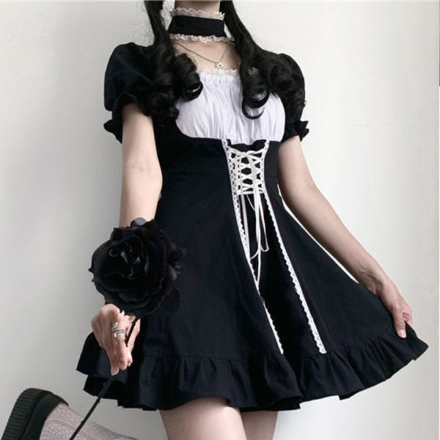 Lizakosht Women's Gothic Lolita Dress Goth Punk Gothic Harajuku Mall Goth Style Bandage Black Dress Emo Clothes Dress Spring