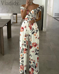 Women Casual Floral Print Short Sleeve Wide Leg Jumpsuit