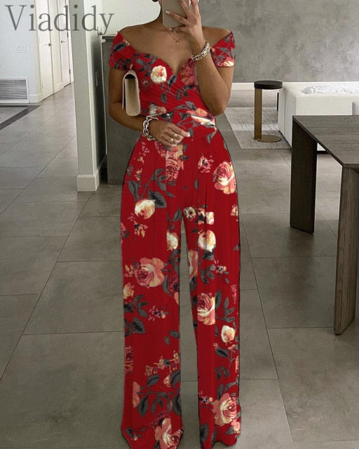 Women Casual Floral Print Short Sleeve Wide Leg Jumpsuit