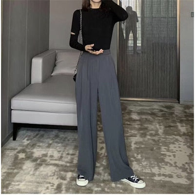 Retro Solid Color Wild Straight Wide Leg Pants Female Spring New Korean Fashion High Waist Casual Long Pants