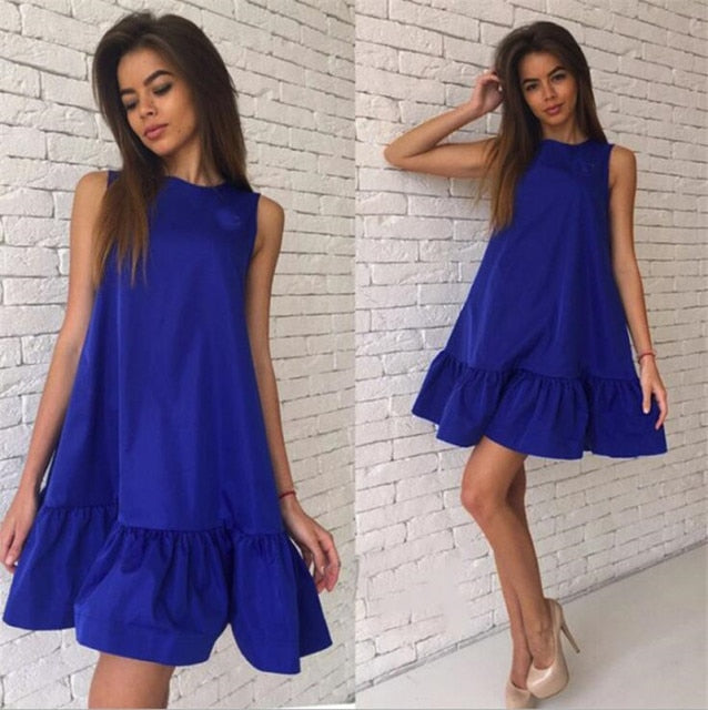 Sleeveless Summer Dress Women Plus Size Beach Party O Neck Blue Mini Dress 2021 Red Ruffle Casual Loose Sundress Ladies Vestidos