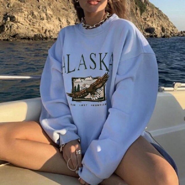 Pink Letter Embroidery Oversized Crewneck Sweatshirt Women Winter Tops Loose Vintage Casual Long Sleeve Streetwear Hip Hop Style