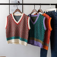Chic Vintage Argyle Sweater Vest for Women 2021 Autumn Winter Pullover Vest Knitted Vest Sleeveless Jecket Gilet Femme
