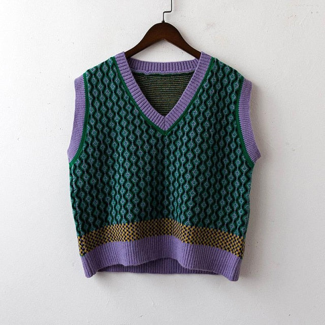 Chic Vintage Argyle Sweater Vest for Women 2021 Autumn Winter Pullover Vest Knitted Vest Sleeveless Jecket Gilet Femme