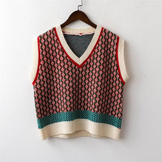 Chic Vintage Argyle Sweater Vest for Women 2021 Autumn Winter Pullover Vest Knitted Vest Sleeveless Jecket Gilet Femme