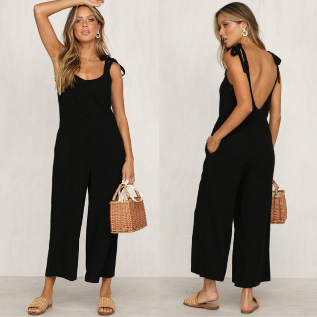 Summer Women Sleeveless Rompers Loose Jumpsuit O Neck Casual Backless Overalls Trousers Wide Leg Pants 4 Color S-XL