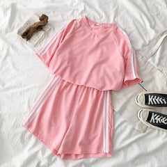 Summer Striped Tracksuit Set For Women Short Sleeve T Shirt Mini Shorts Two Piece Set Female 2021 Casual Women's Sportwear Suit