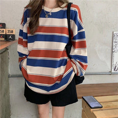 HOUZHOU Hoodies Striped Sweatshirt Streetwear Women Harajuku Oversize Pullover Korean Fashion Couples Matching Long Sleeve Tops