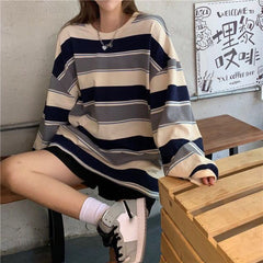 HOUZHOU Hoodies Striped Sweatshirt Streetwear Women Harajuku Oversize Pullover Korean Fashion Couples Matching Long Sleeve Tops