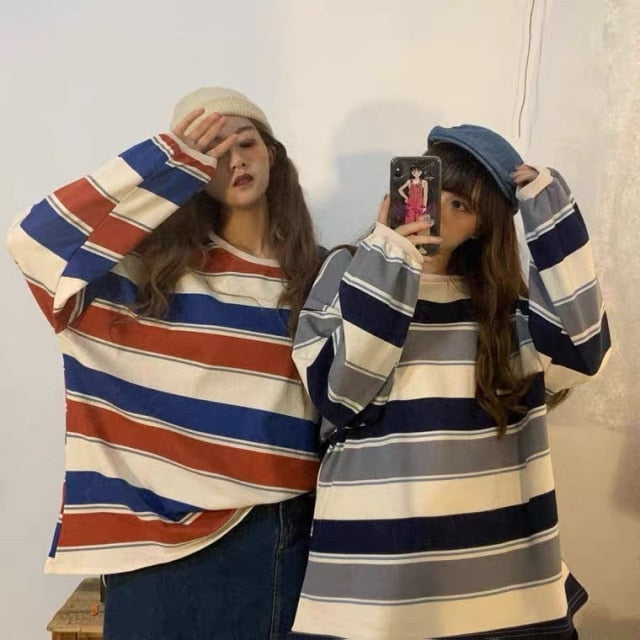 HOUZHOU Hoodies Striped Sweatshirt Streetwear Women Harajuku Oversize Pullover Korean Fashion Couples Matching Long Sleeve Tops